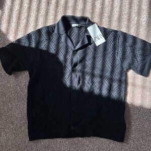 Zara CROCHET KNIT SHIRT BLACK NWT MEDIUM